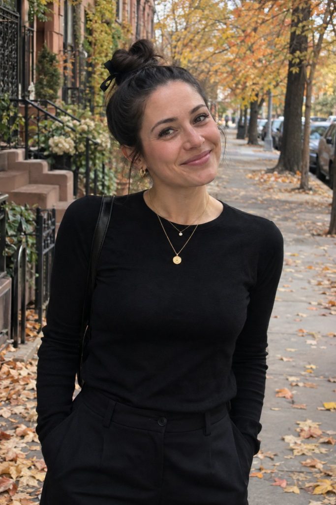 Sleek high top knot on dark brown hair with gold hoops and a black cape blazer
