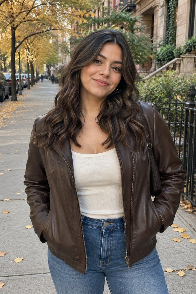 Medium-long dark brown hair in big loose bends with a brown leather jacket
