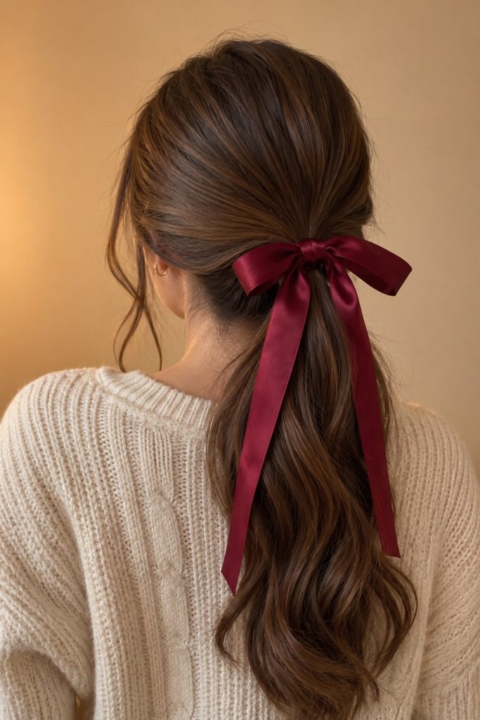 Low brunette ponytail tied with a burgundy satin ribbon bow and a cream cable knit sweater