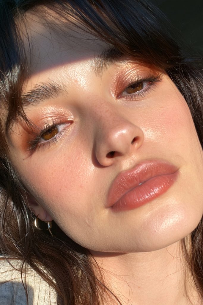 Woman with warm bronze eyeshadow, soft brown liner and a terracotta lip