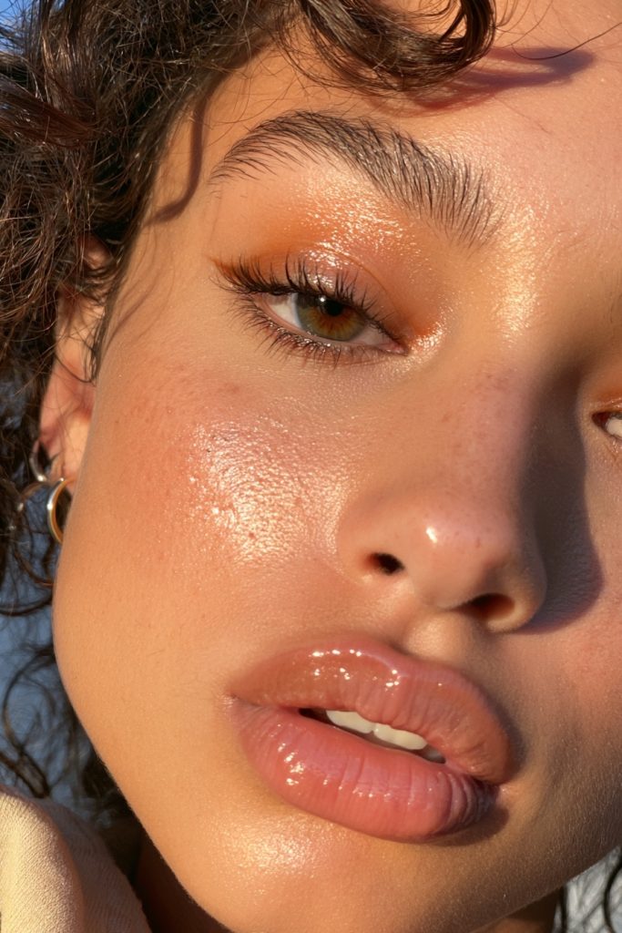 Woman with burnt orange eyeshadow, glossy peach lips and glowing skin in golden hour light