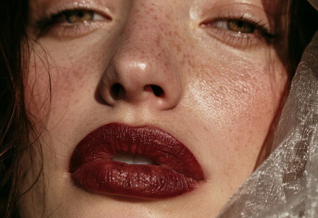 Close up of a woman with a deep wine lip and warm bronze tones in soft autumn light