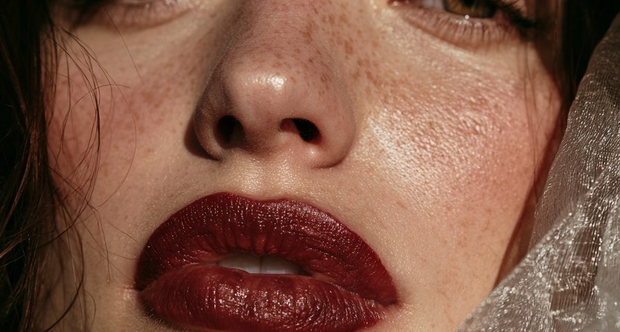 Close up of a woman with a deep wine lip and warm bronze tones in soft autumn light