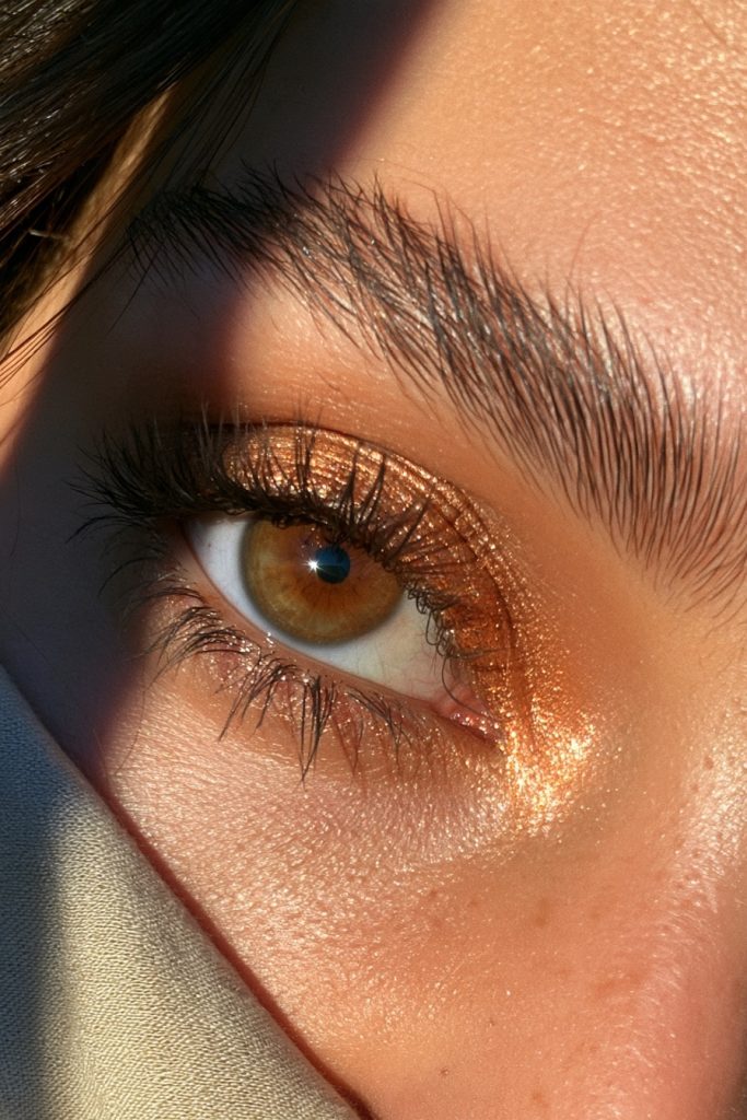 Close up of an eye with golden copper shimmer eyeshadow and thick lashes