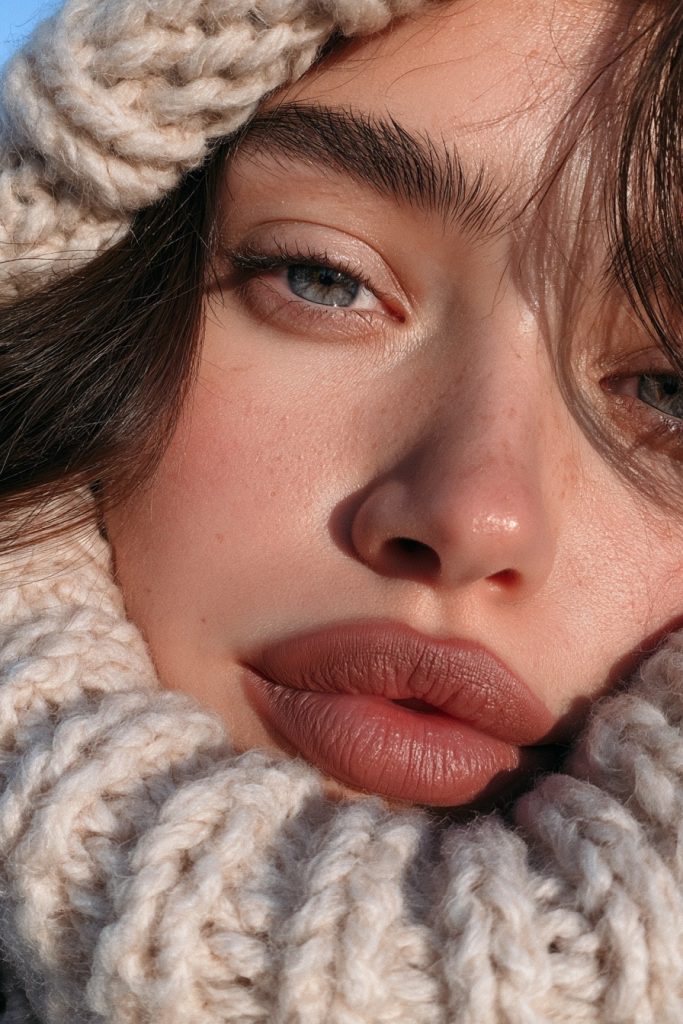 Woman with a soft matte brown lip, defined brows and sun kissed blush in a cozy knit collar