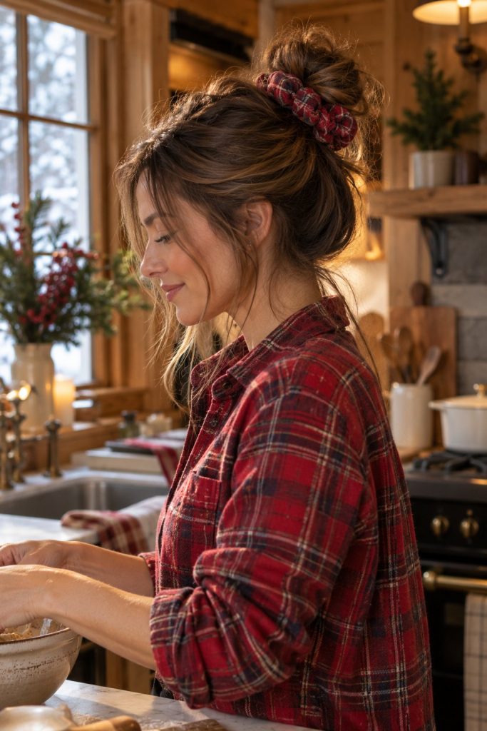 Messy bun with a red plaid scrunchie and a red flannel shirt in a cozy kitchen