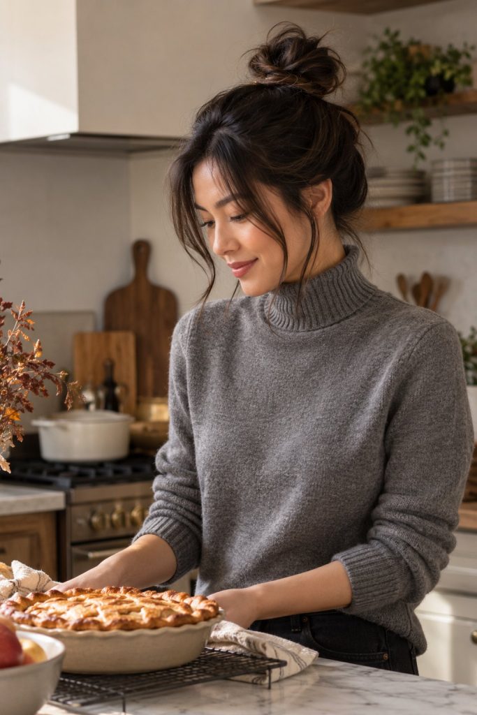 Loose messy top knot with face-framing pieces and a gray turtleneck in a kitchen with pie