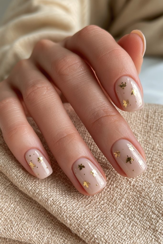 Hand with soft beige milky nails decorated with tiny gold leaf flecks resting on a linen napkin