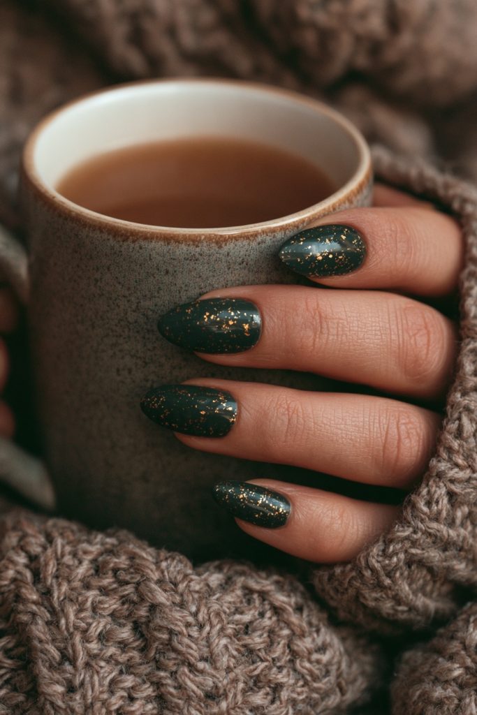Hand with oval nails in dark olive green with fine shimmer wrapped around a grey ceramic mug