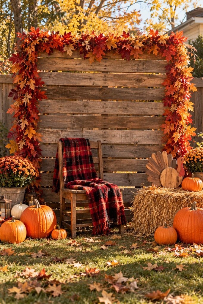 Wood pallet wall framed by fall leaf garland, red plaid blanket on a chair, pumpkins, a hay bale and a small thankful turkey sign