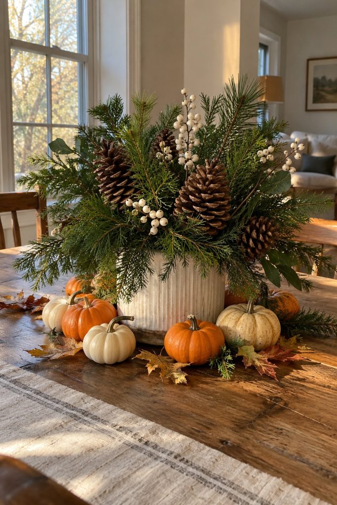 Pine branches, large pinecones and white berry sprigs arranged in a white ribbed ceramic pot on a wooden surface