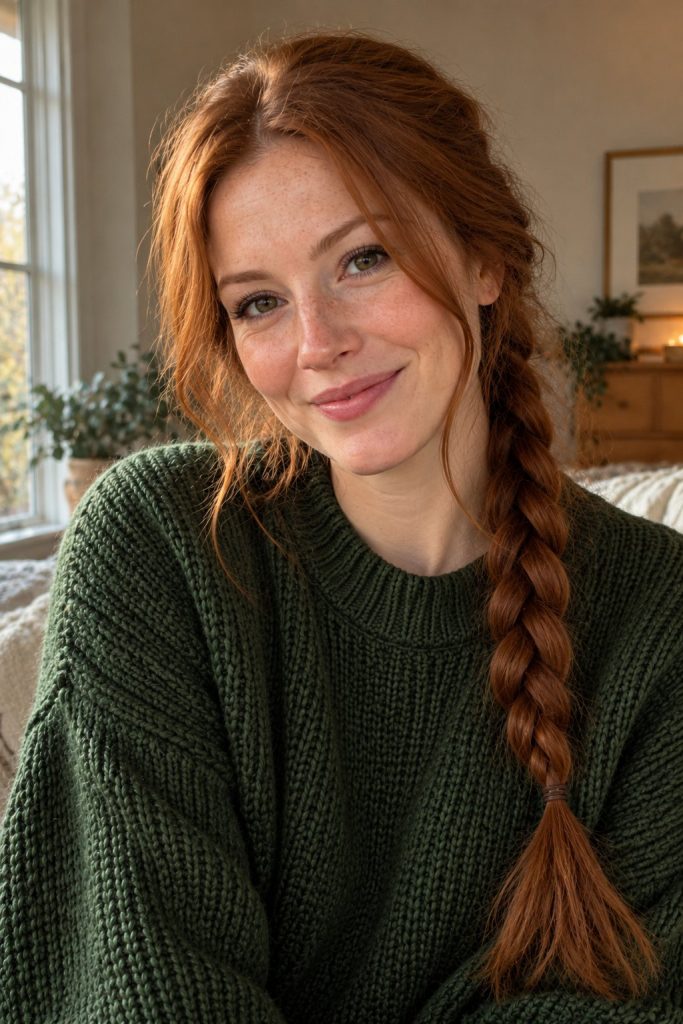 Natural red hair in a simple side braid with a forest green knit sweater