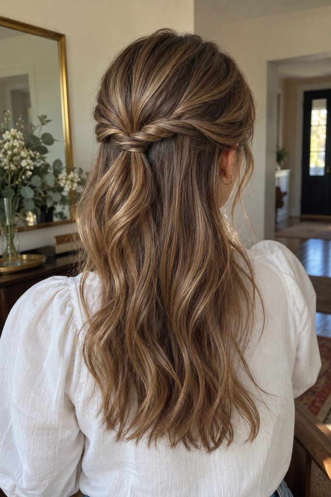 Half-up rope twists on highlighted brown waves with a white blouse