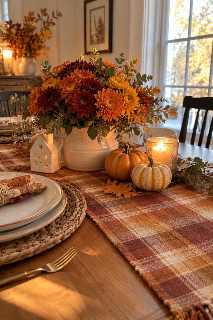 Red and green plaid table runner and matching napkin on blue plates with gold flatware