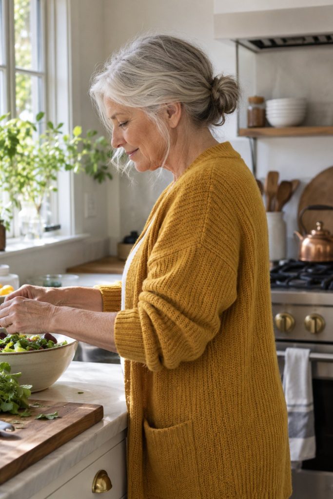 Silver gray hair in a soft low knot bun with a mustard yellow cardigan