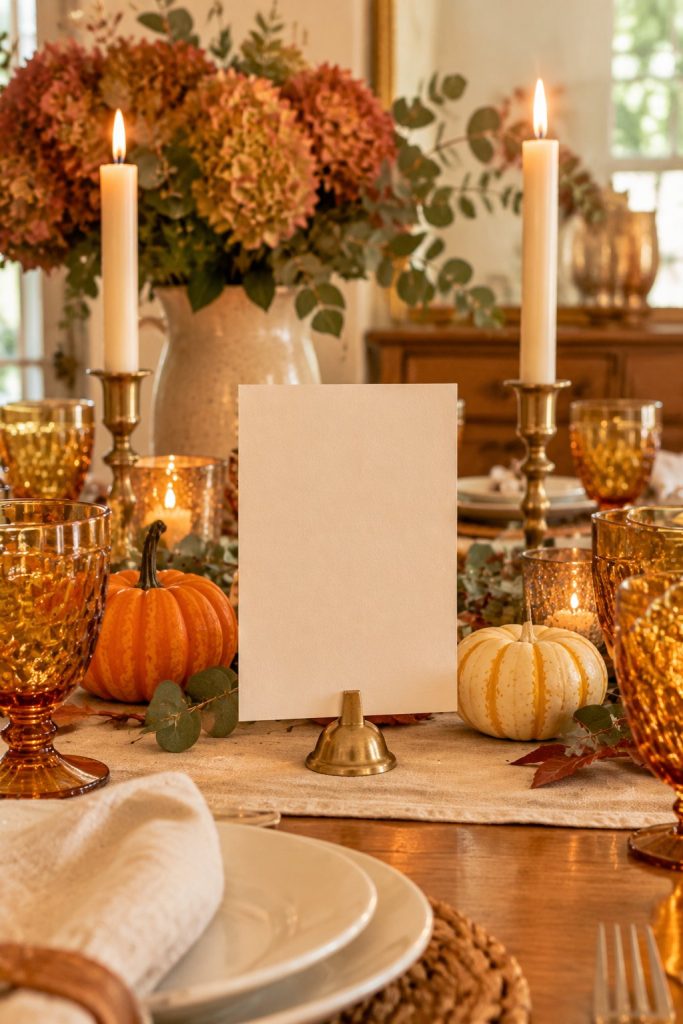 Printable deluxe Thanksgiving menu card listing appetizer, main course, sides and dessert