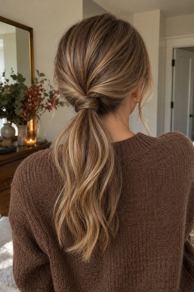 Highlighted brown topsy tail low ponytail with a brown knit sweater