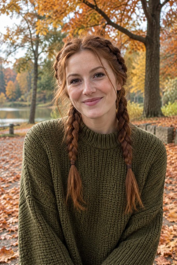 Auburn hair in two Dutch braids with an olive green chunky sweater in an autumn park