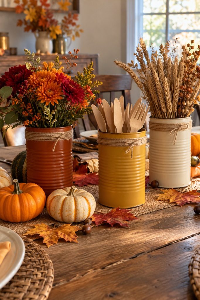 Upcycled tin cans painted in fall colors