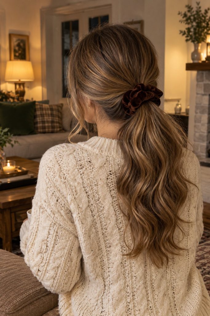 Low wavy ponytail tied with a chocolate brown velvet scrunchie and a cream cable knit