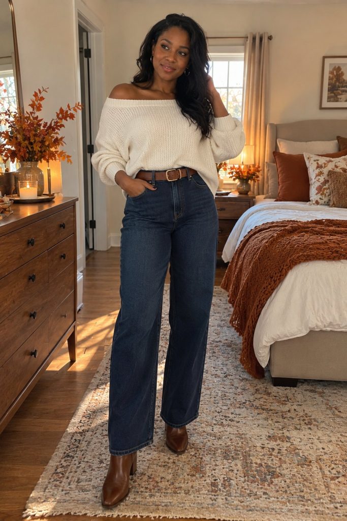 Off Shoulder Sweaters with High Waist Jeans