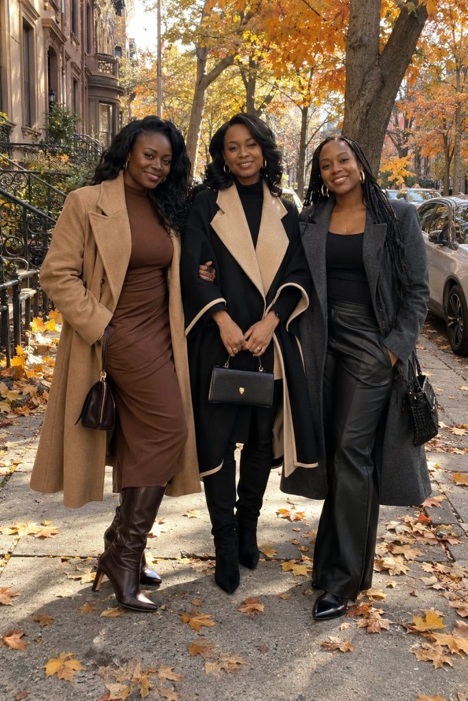 Three women in long tailored coats with the center woman in a black cape coat with tan lapels