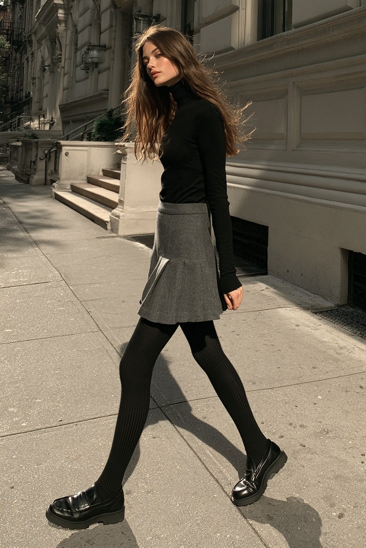 Woman in ribbed black tights, chunky loafers and a pleated mini skirt