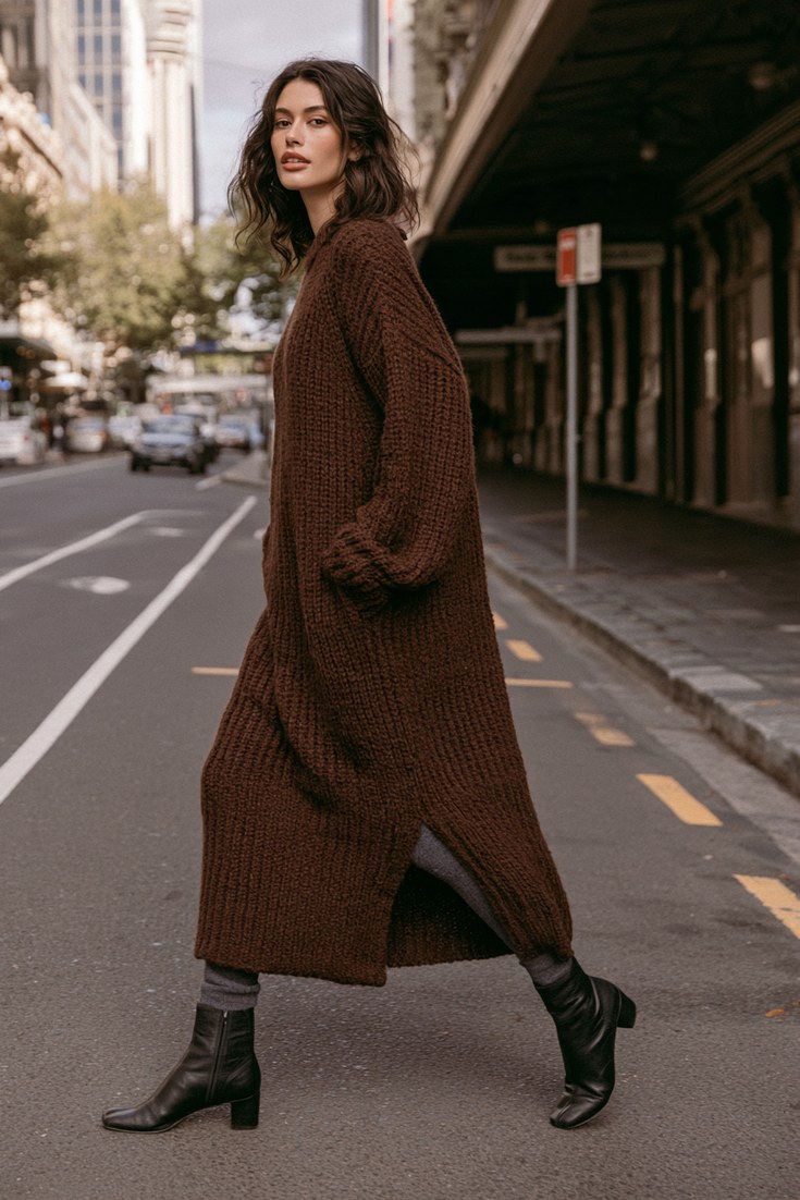 Woman in a chocolate knit dress with charcoal grey tights and black boots