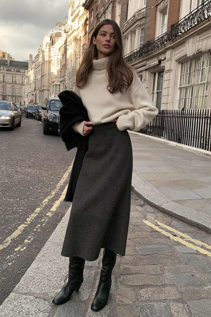 Woman in a wool midi skirt with tall boots and a roll neck