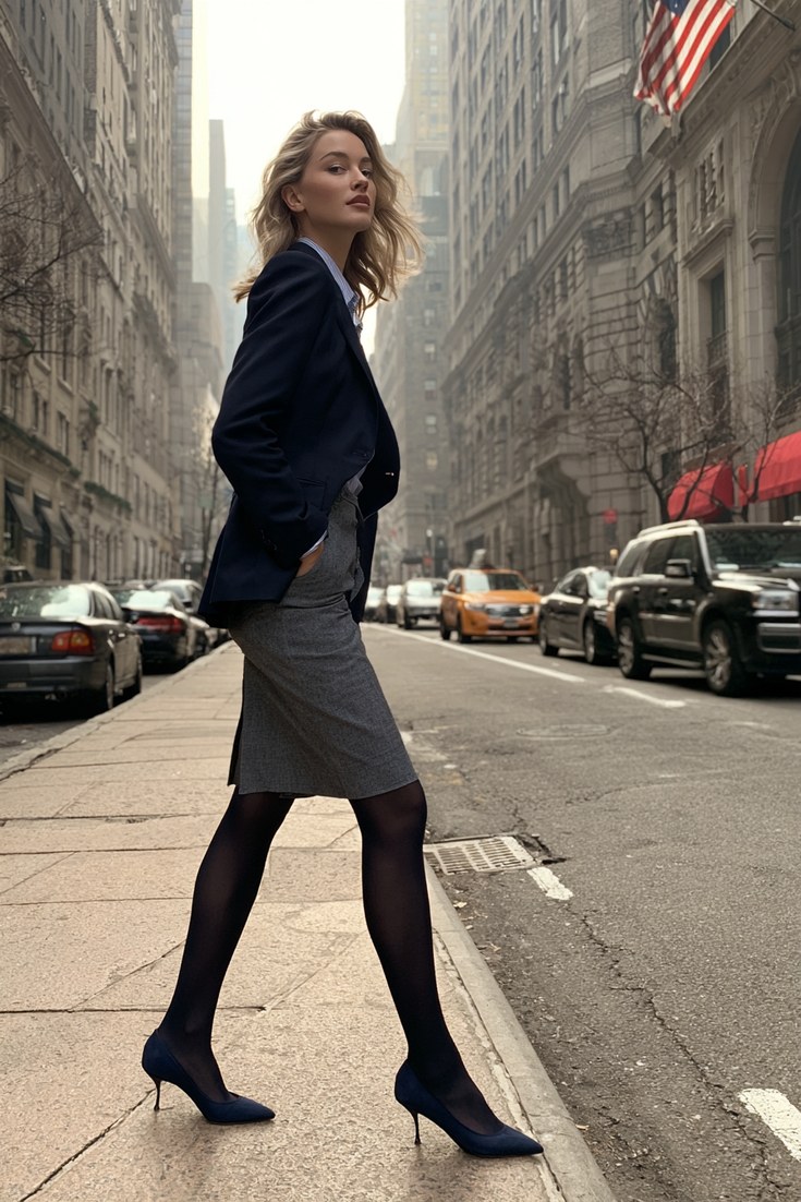 Woman in a navy blazer, grey pencil skirt and navy semi-opaque tights