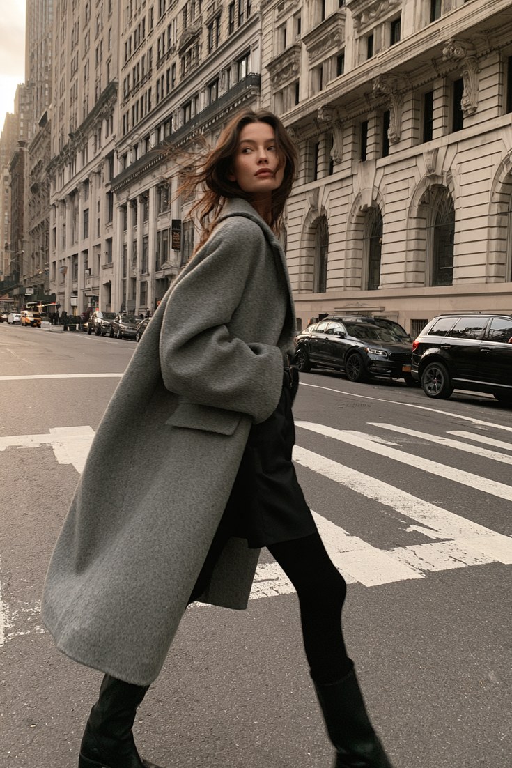 Woman in black tailored shorts over black tights with a long grey coat and boots