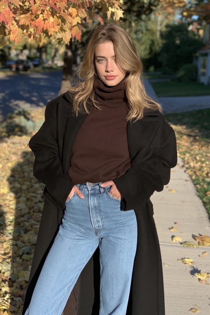 Woman in a chocolate brown turtleneck with a long black coat and light wash jeans on a leafy sidewalk