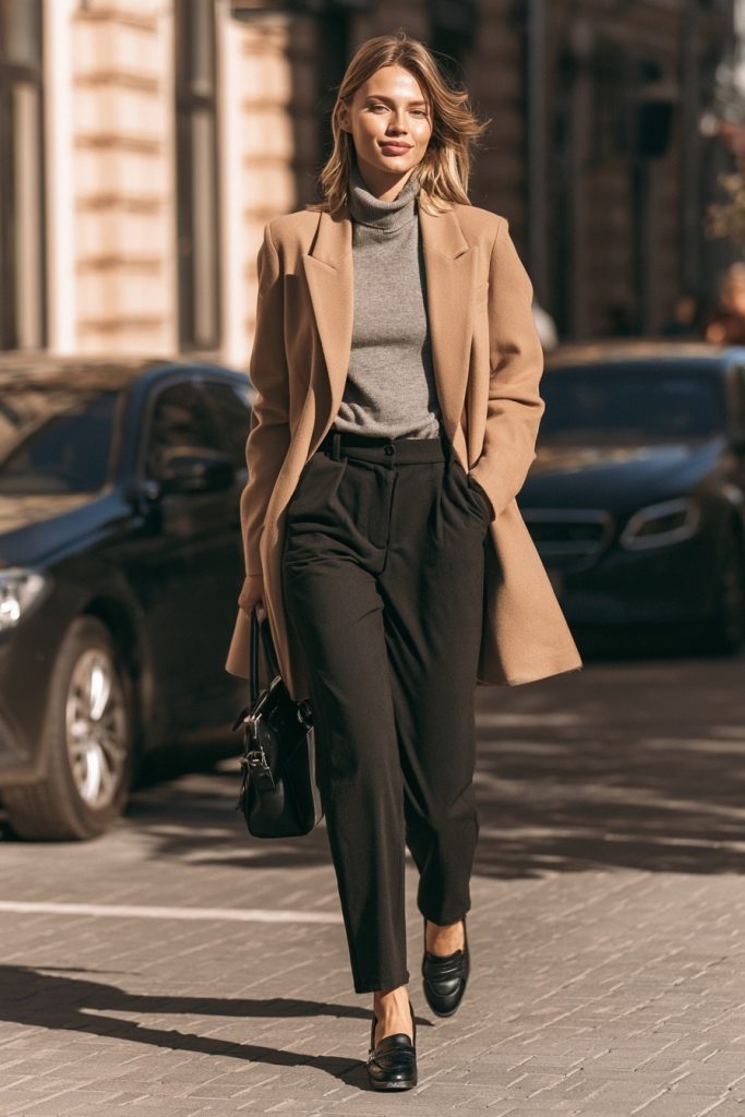 Woman in a gray turtleneck under a camel blazer with black trousers and black loafers carrying a black handbag