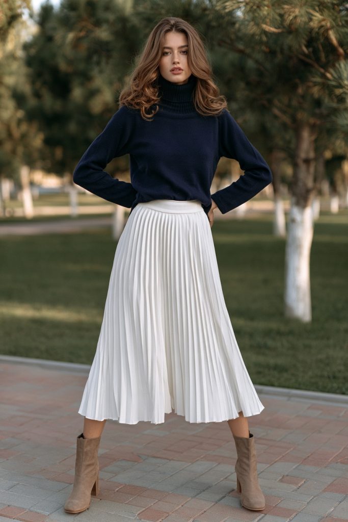 Woman in a navy turtleneck with a white pleated midi skirt and tan suede ankle boots in a park