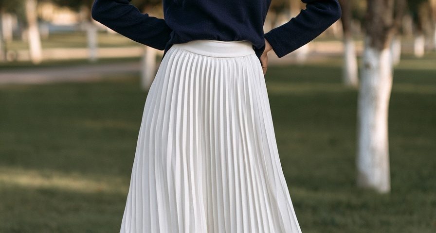 Woman in a navy turtleneck with a white pleated midi skirt and tan suede ankle boots in a park