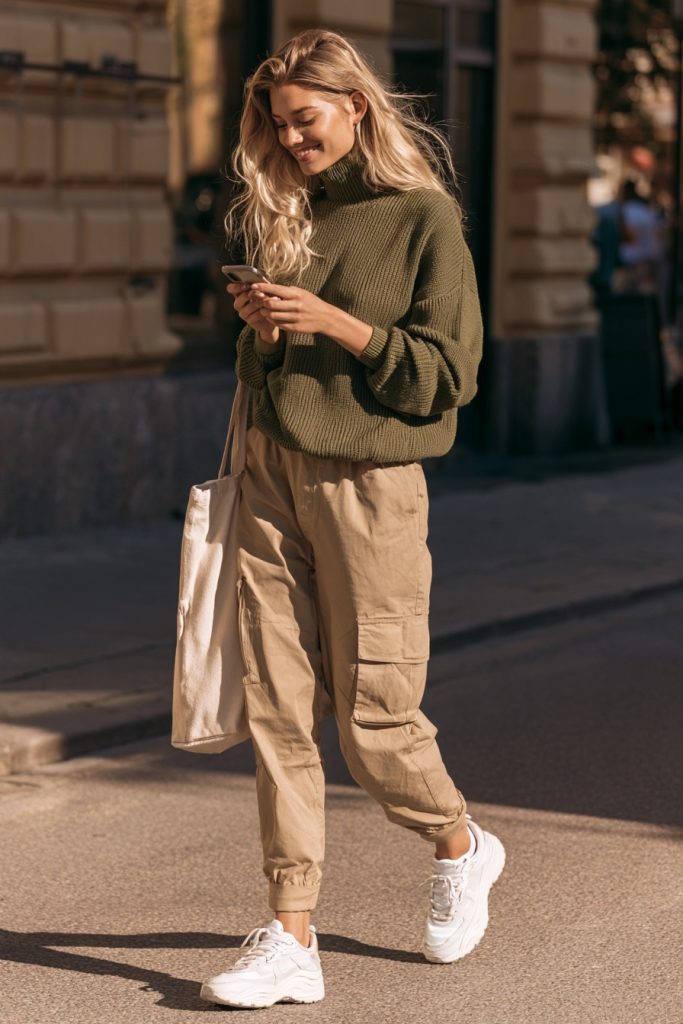 Woman in an olive green knit with tan cargo pants and white sneakers carrying a cream tote bag
