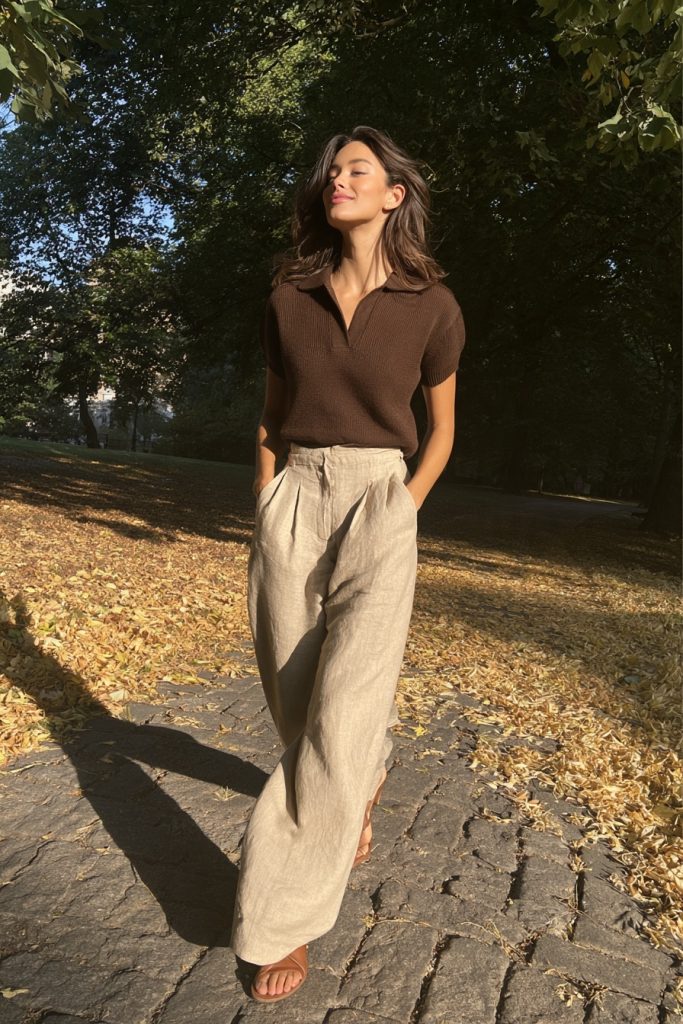 Woman in a short-sleeve brown knit polo and beige wide-leg trousers with open sandals, hands in her pockets, in a park with fallen leaves