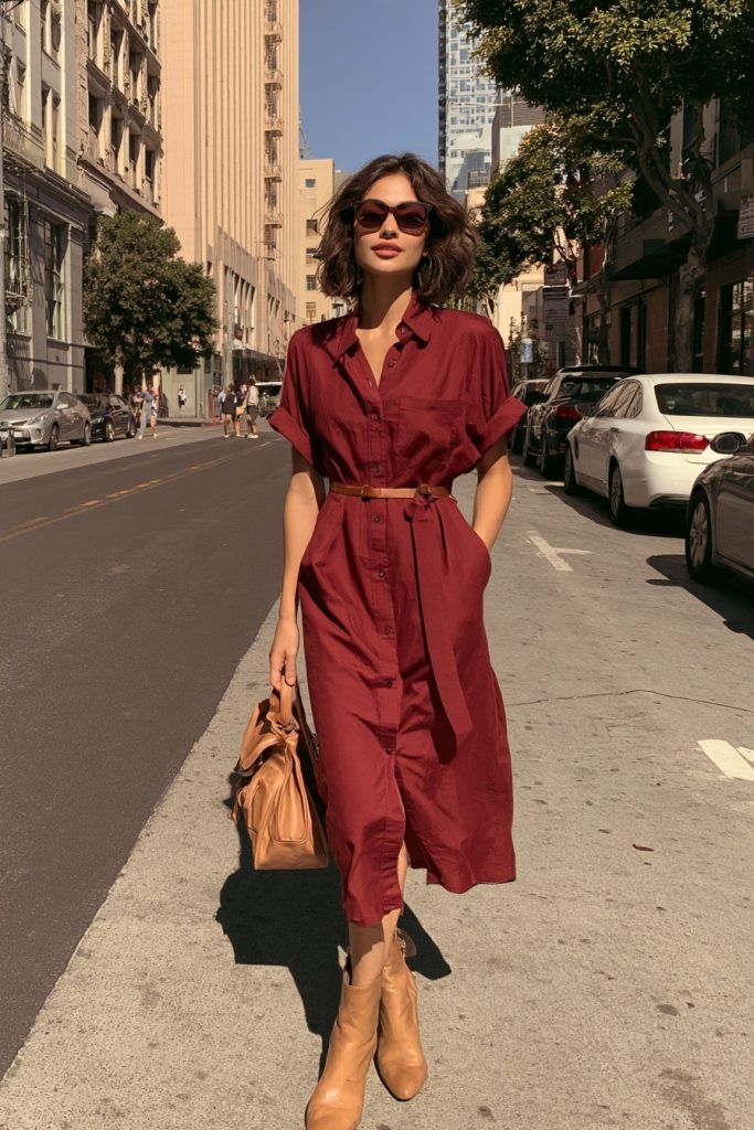 Woman in a burgundy short-sleeve shirt dress with a thin belt at the waist, tan ankle boots and sunglasses, holding a tan bag on a city street