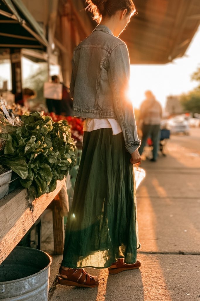 Woman seen from behind in a light denim jacket over a white top and a long green satin skirt with brown sandals at a farmers market stall
