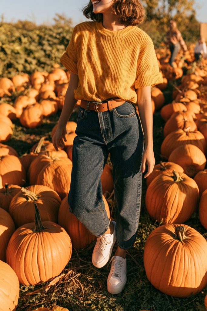 Woman in a mustard yellow short-sleeve knit sweater tucked into dark blue jeans with a brown leather belt and white sneakers, standing among pumpkins