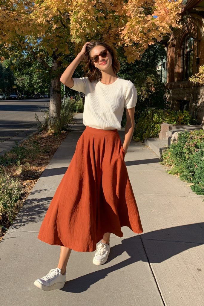 Woman in a rust orange flowing midi skirt and a cream short-sleeve knit top with white sneakers, one hand on her sunglasses, on a sunny autumn sidewalk