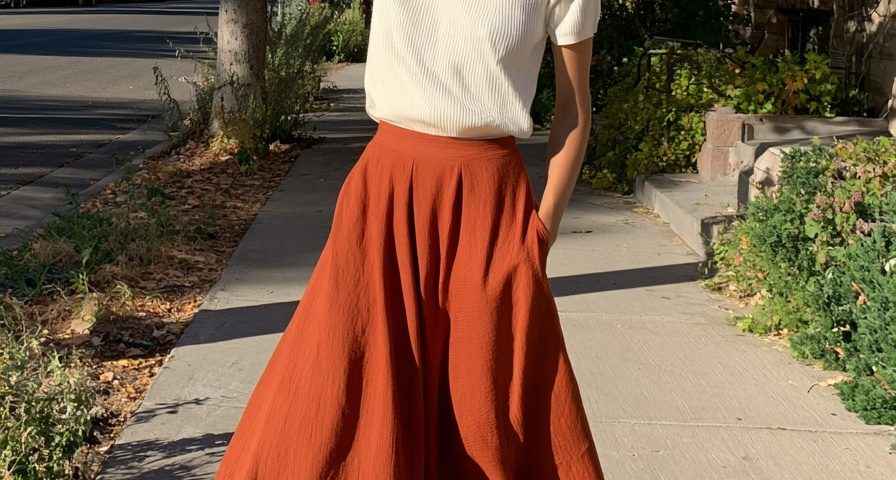 warm fall outfit rust midi skirt cream knit top sneakers