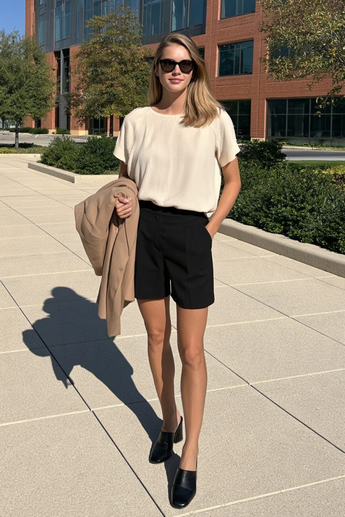 Woman in a cream short-sleeve blouse, tailored black shorts and black mule shoes, carrying a camel blazer over her arm and wearing sunglasses on a sunny sidewalk