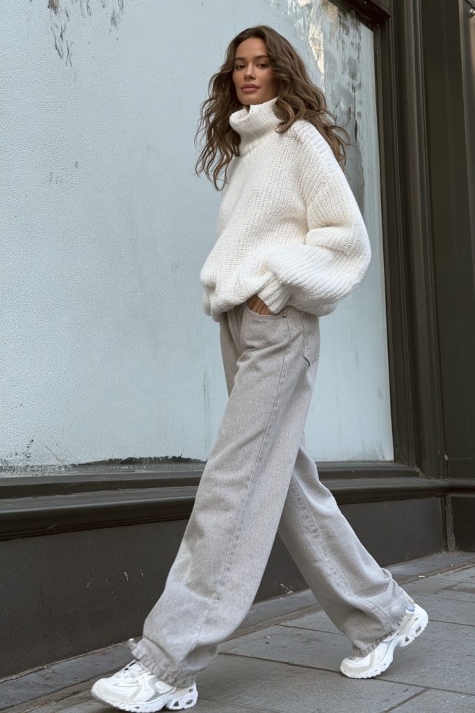 Woman in a white chunky knit sweater with light grey wide leg trousers and white sneakers walking past a window