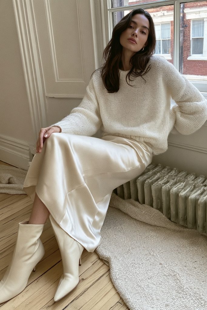Woman in a white knit sweater and cream satin midi skirt with ivory pointed boots sitting by a window