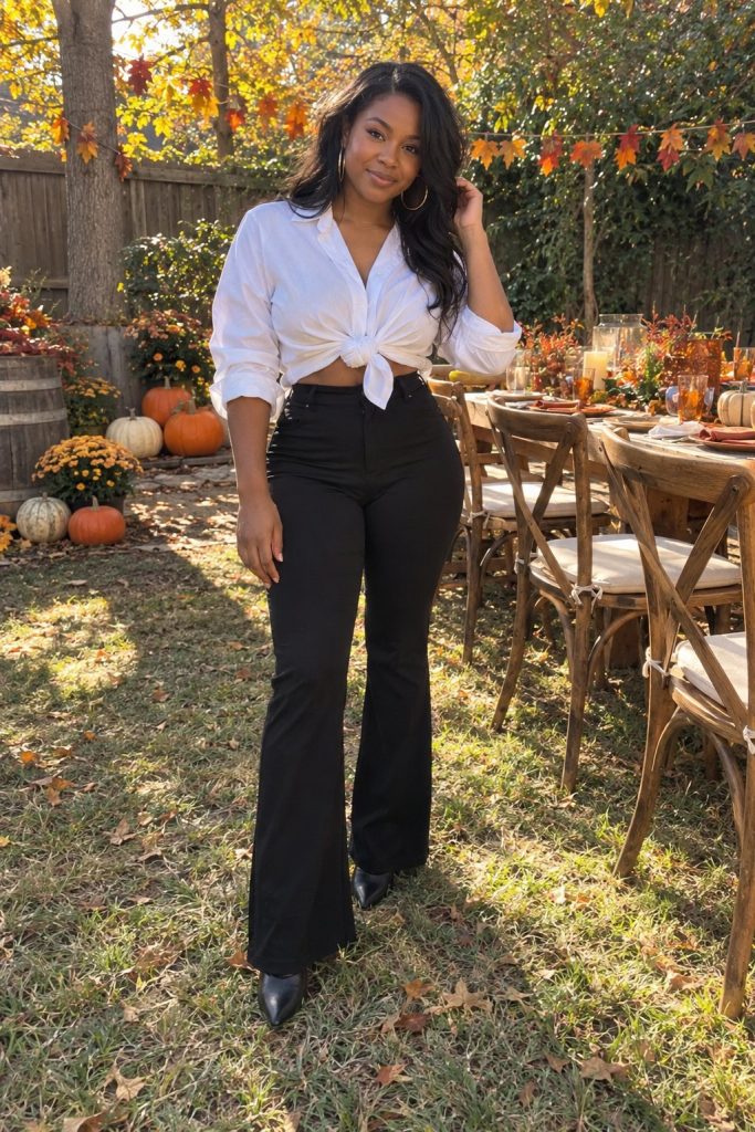 White shirt knotted at the waist with black flared trousers