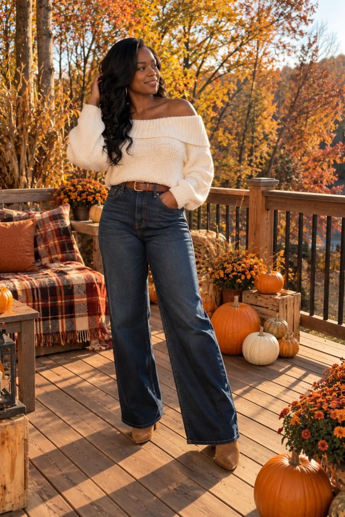 White off shoulder sweater with dark high waisted wide leg jeans and a brown belt