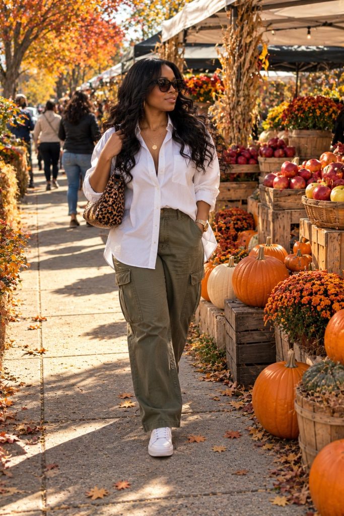 Oversized white shirt, olive cargo pants, layered gold jewelry, sunglasses and a leopard print bag