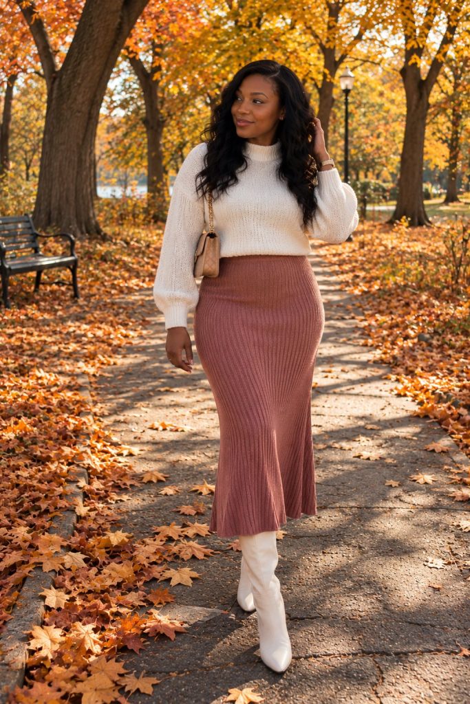White sweater, dusty rose ribbed maxi skirt, white boots and a quilted bag