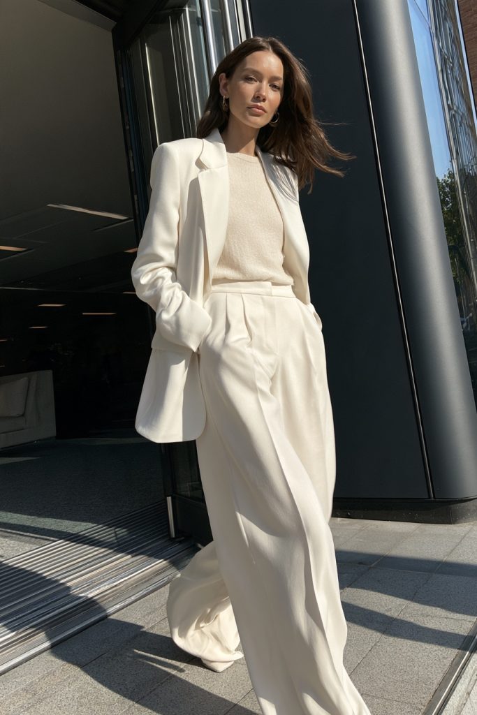 Woman in a white tailored blazer, cream trousers and an ivory knit top walking past an office building